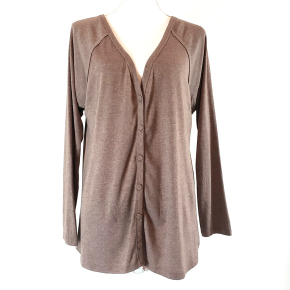 A'Reve Brown SIZE L Button Front Crochet Back Long Sleeve Blouse Top AJ4398-F4V3 - Picture 1 of 12